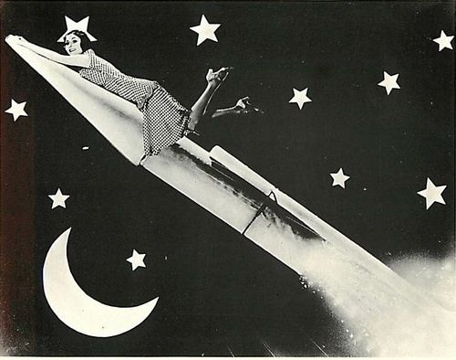 vintage paper moon pinup woman rocket ship