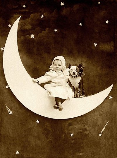  vintage paper moon baby and pit bull puppy dog