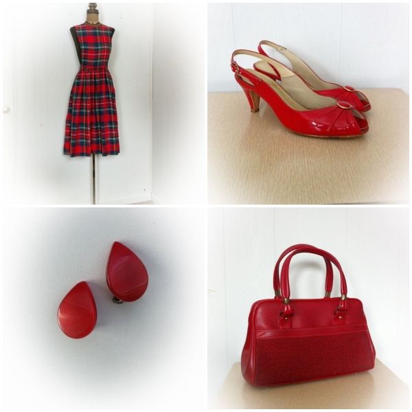 vintage 1960s red purse plaid jumper dress lucite earrings 