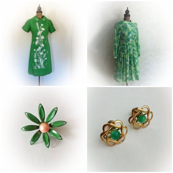 vintage 1960s green dress mod flower brooch atomic earrings