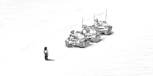 the man stand in front of the tanks