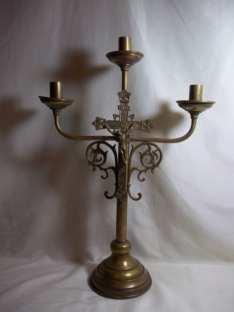 Vintage BRASS CRUCIFIX CANDELABRA large antique Taper candle holder
