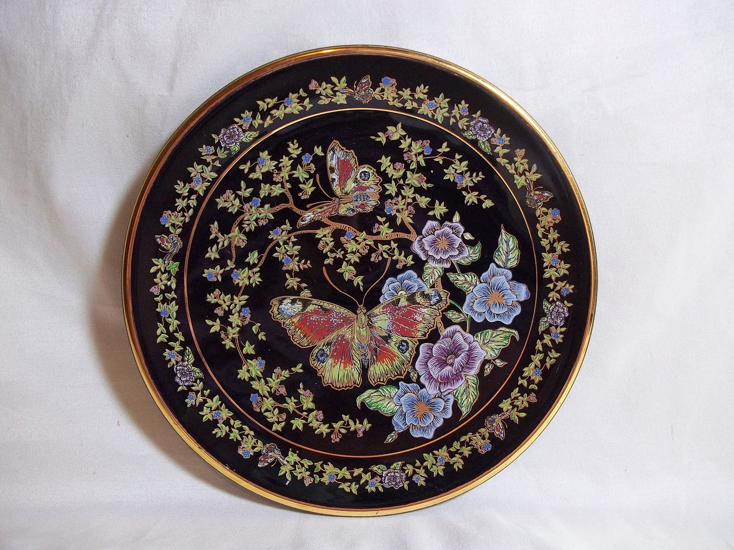 Vintage Hand Made Painted IBISCUS KERAMIK PLATE 24K Gold butterflies Greece