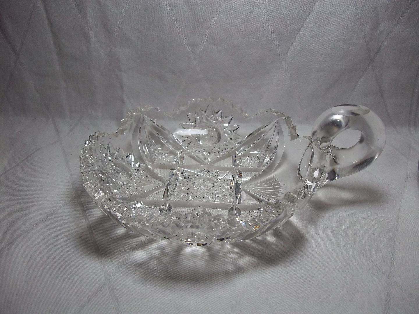 Vintage Lead CUT CRYSTAL HANDLED DISH Glass nappy sawtooth candy bowl 7