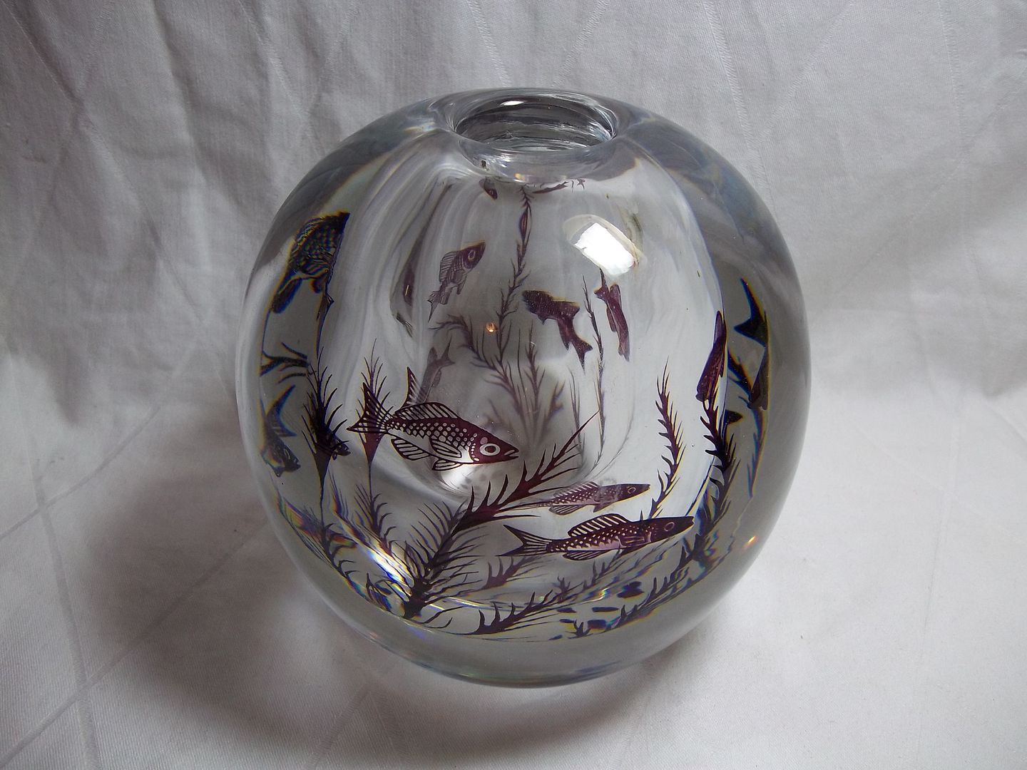 Vintage Orrefors Sweden Graal Signed Edward Hald Glass Vase Fish Art 