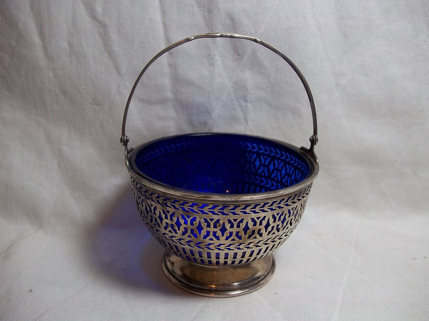 Antique STERLING SILVER SUGAR BASKET w/ Cobalt Blue Glass Insert