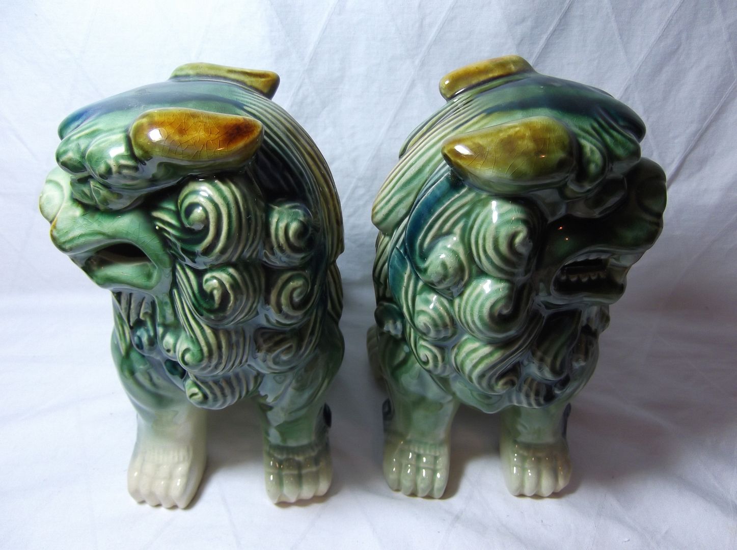 Vtg Pair CHINESE FOO DOG STATUES Pottery ceramic glazed asian guardian