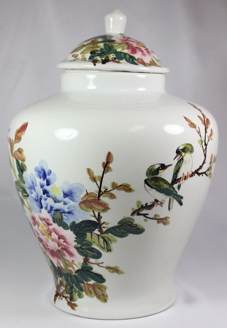 Vintage Taiwan ROC Handpainted Floral Bird Ceramic White Large Lidded