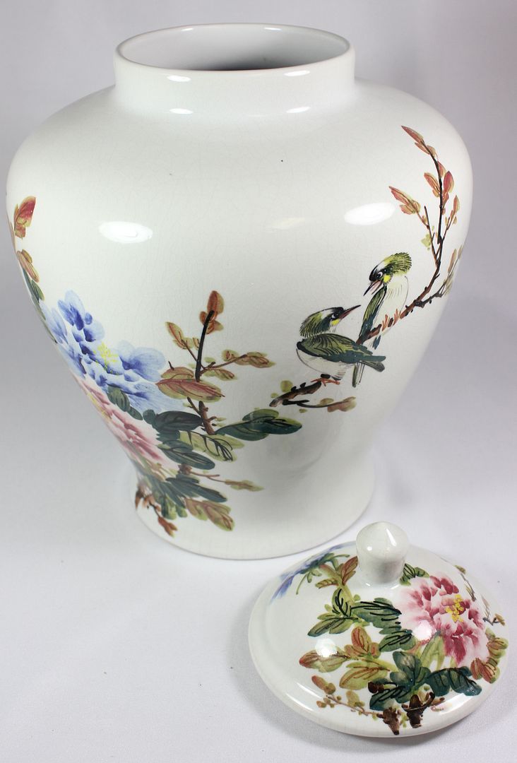 Vintage Taiwan ROC Handpainted Floral Bird Ceramic White Large Lidded