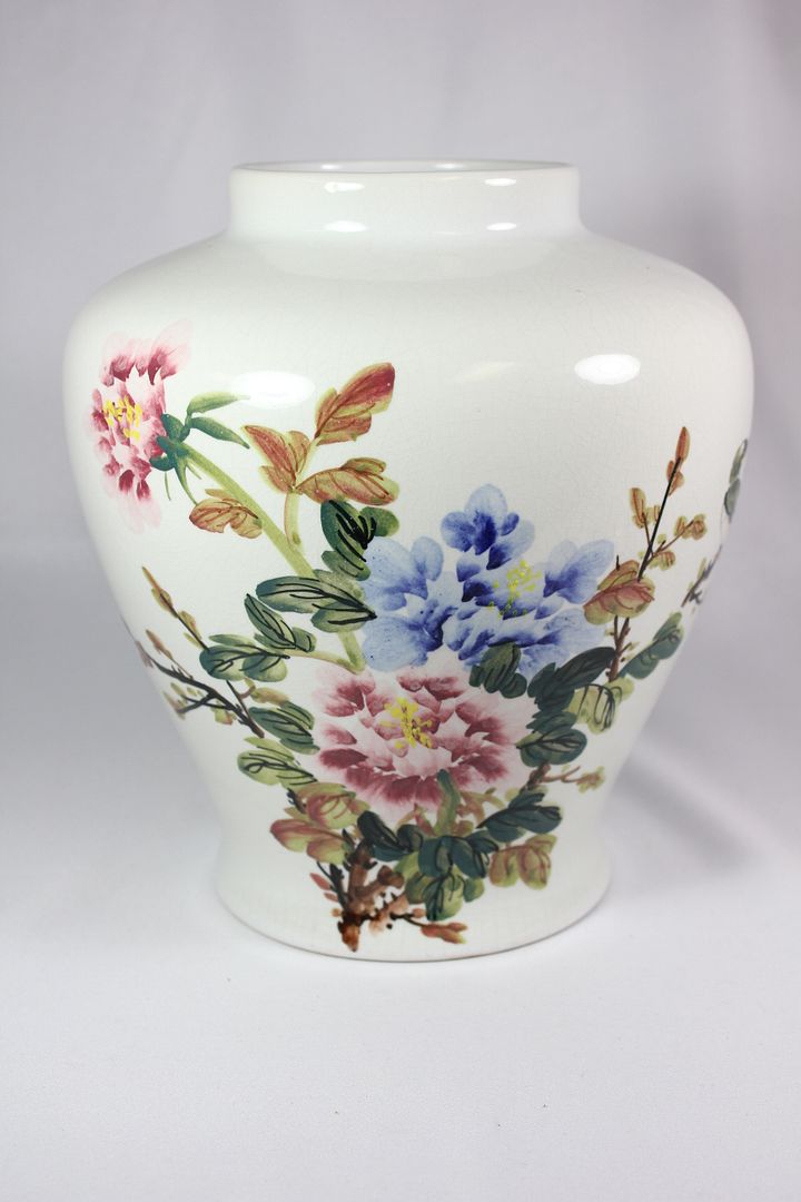 Vintage Taiwan ROC Handpainted Floral Bird Ceramic White Large Lidded