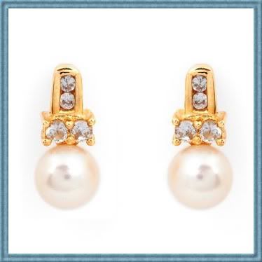 White Freshwater Pearl & White Topaz Earrings In SOLID 10k Yellow Gold