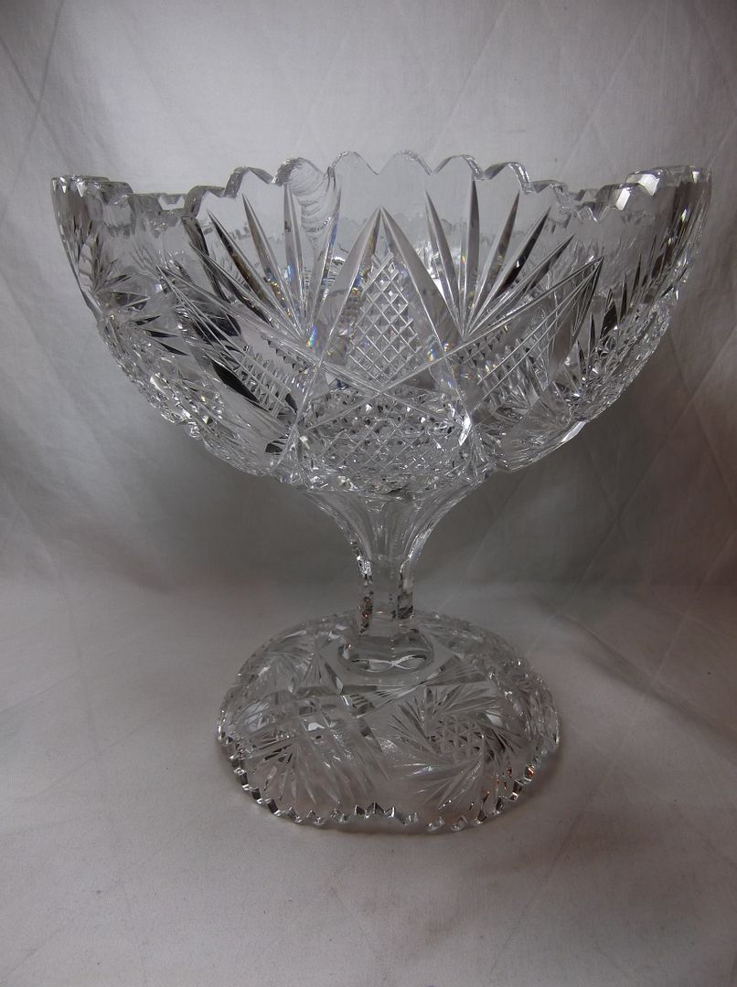 Vtg Crystal CUT GLASS PEDESTAL COMPOTE 2 Piece punch bowl star fan ...