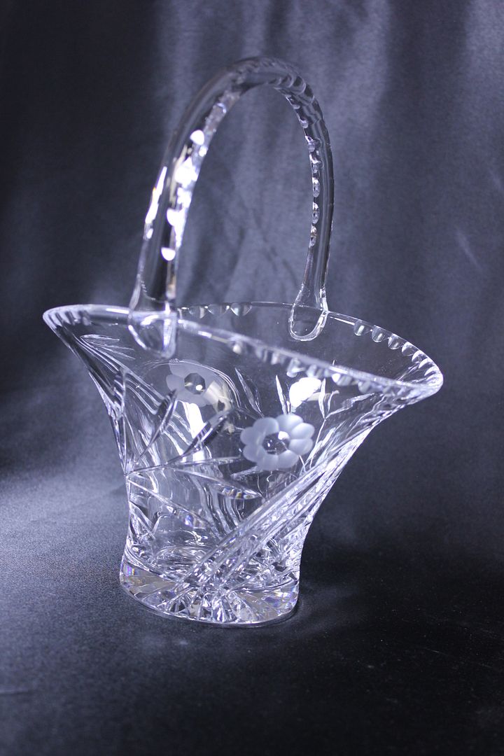 Vintage Cut Crystal Etched Floral Glass Handled BASKET Gift Decor